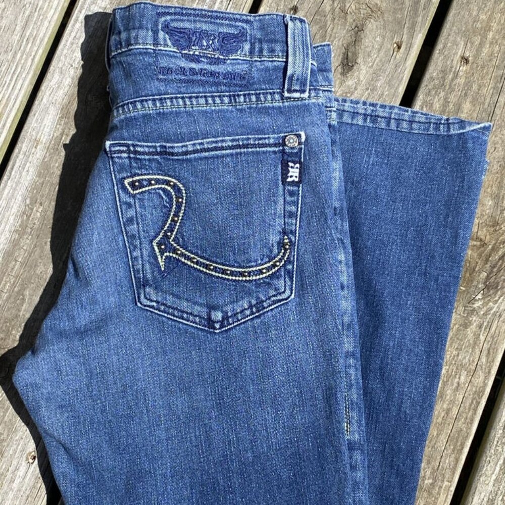Vintage Rock & Republic Y2K Jean Size 30 Flared Low Rise Embroidered Button Fly